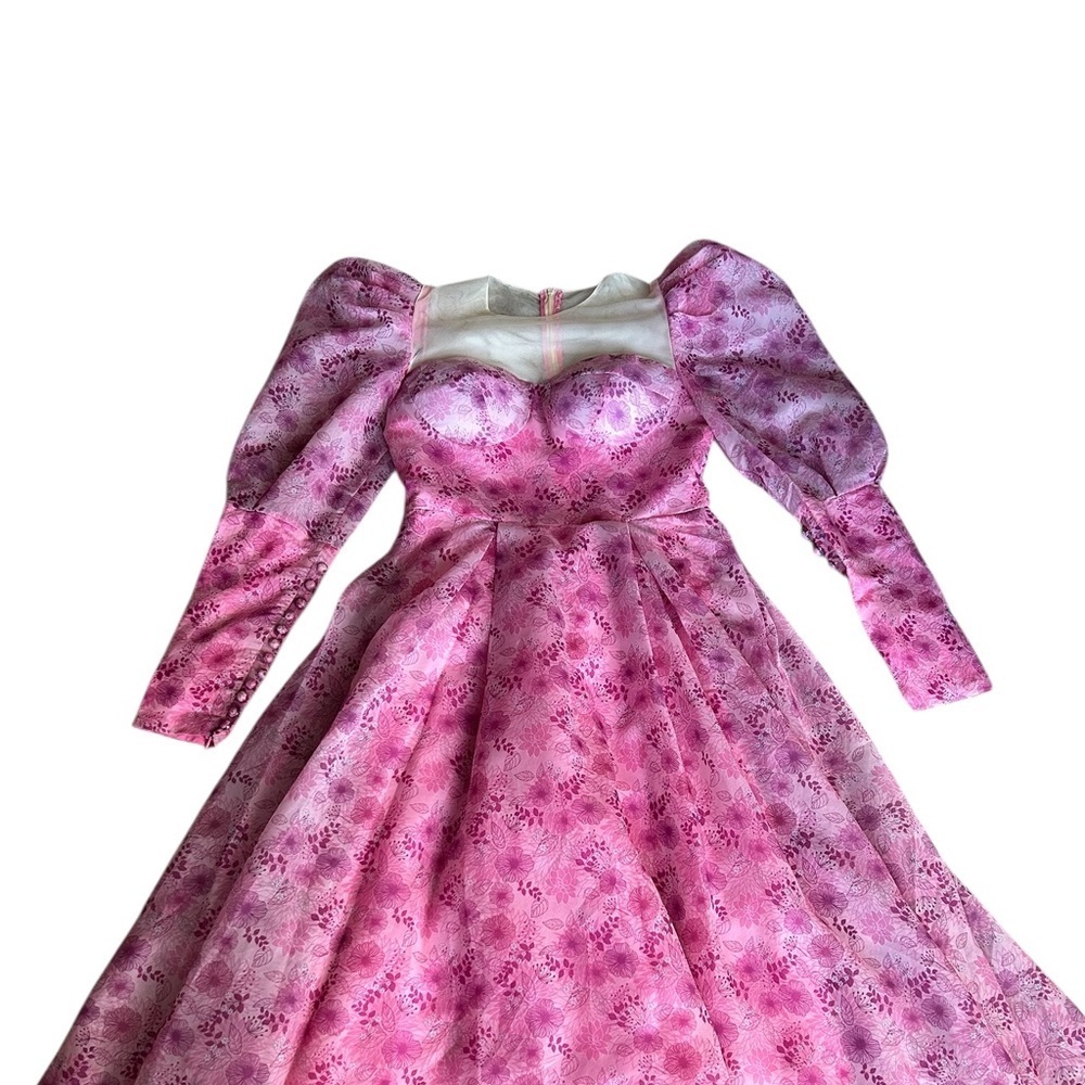 Dreamy Pink Floral Puff-Sleeve Midi Dress | Decorative Buttons | Size Small - Picture 9 of 16
